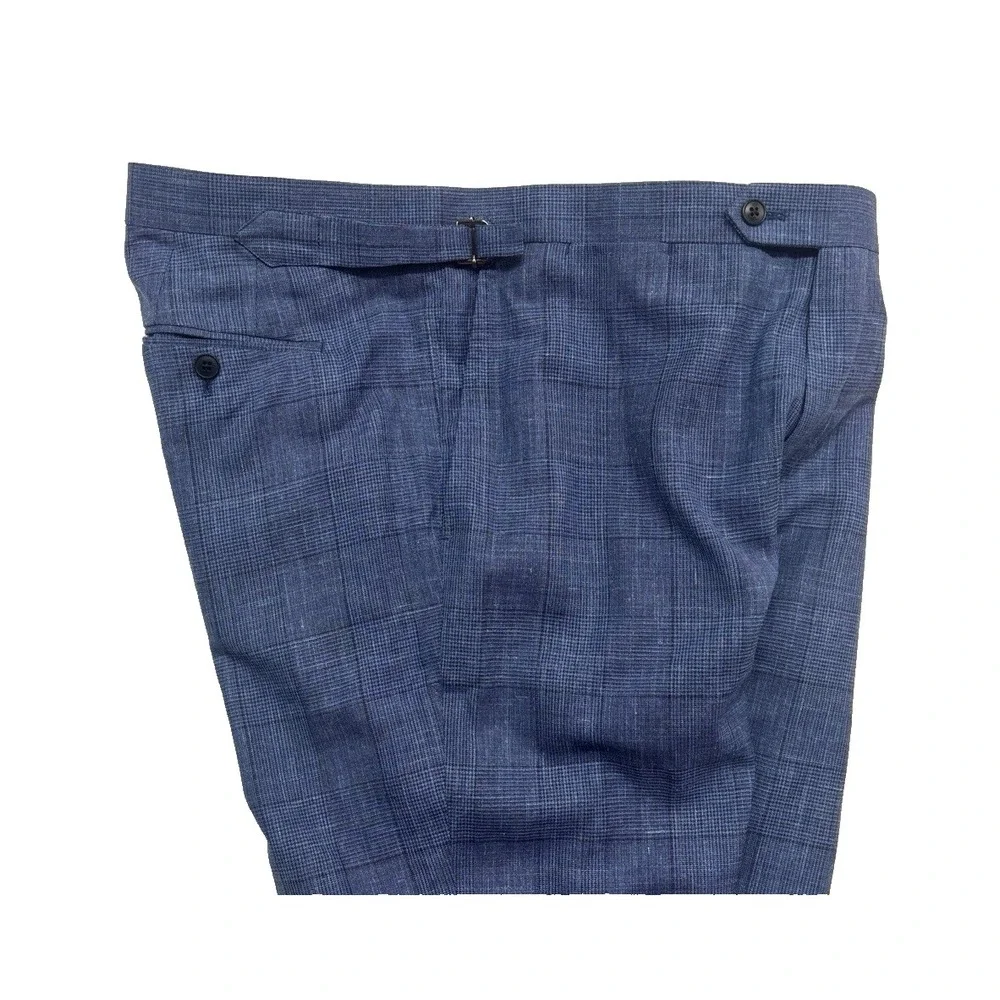 Atelier Munro Custom 38 Navy Blue Chambray Plaid Wool Silk Linen Pants Trousers